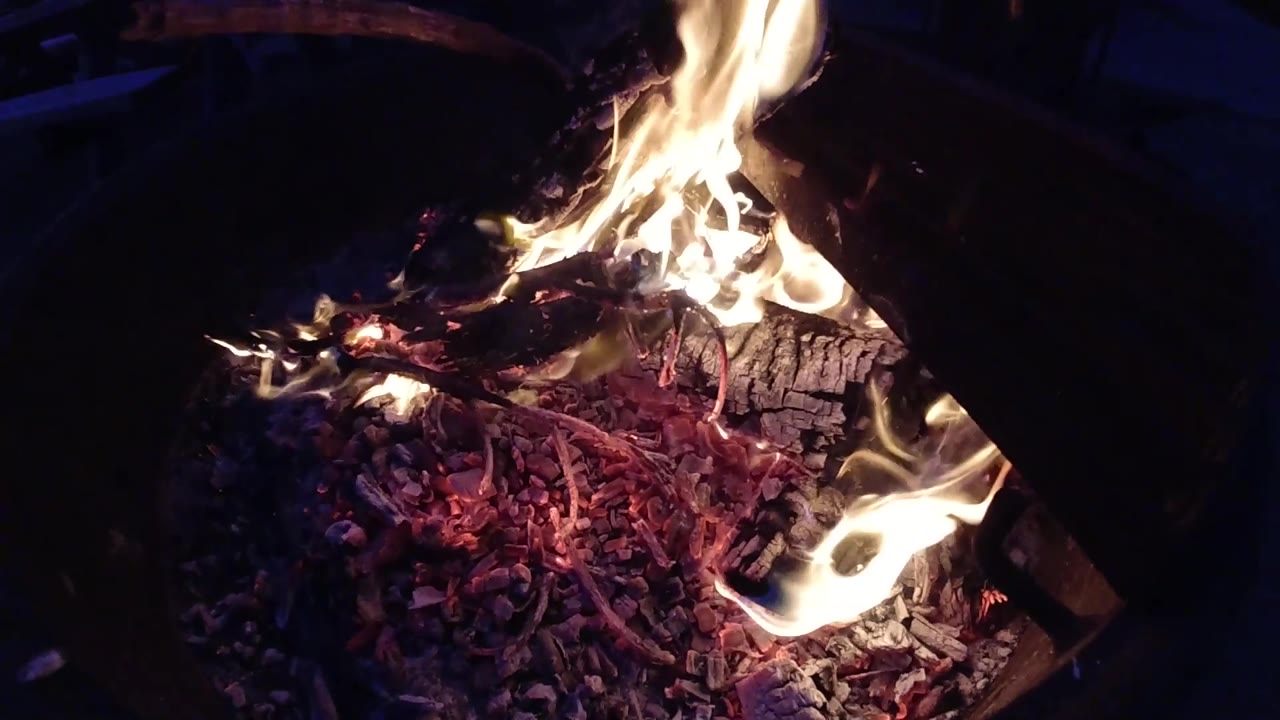 At Trestles Beach, California, flames lick along the top and right side of a charred log above a bed of red embers, with no visible people.