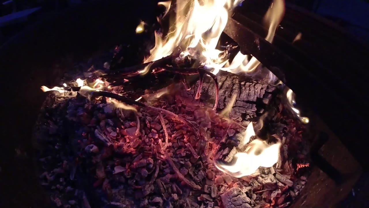 At one second, flame tongues have shifted toward the center and upper right compared to the opening frame, with the glowing ember bed and charred log structure visible beneath; no people visible.