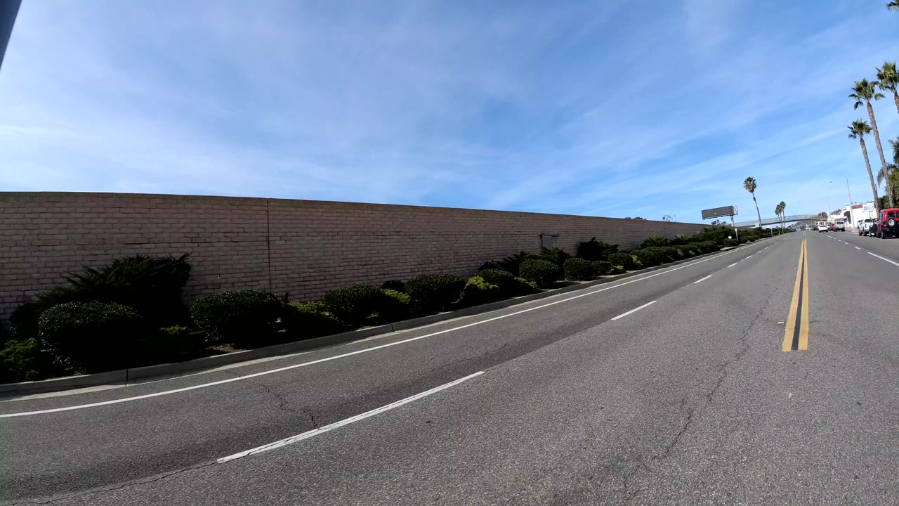 Wide street view with wall, palms, and distant traffic.