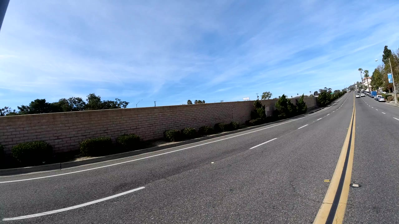 San Clemente roadway seen from a low street position, with the wall curving across the frame, several vehicles ahead, tall palms, and no visible people.