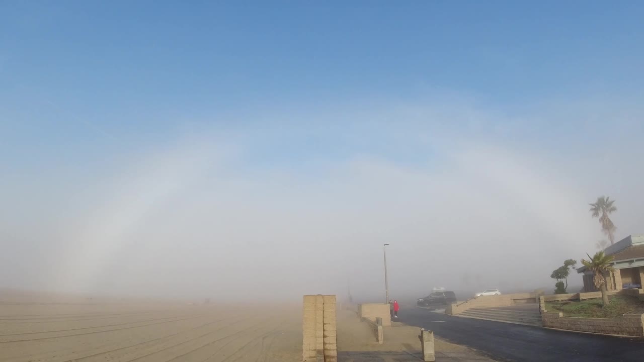 One second in, the white fogbow continues unchanged above the sandy Huntington Beach coastal road, with the concrete wall, asphalt road, palm trees, and residential structure still at the right edge; no visible people.