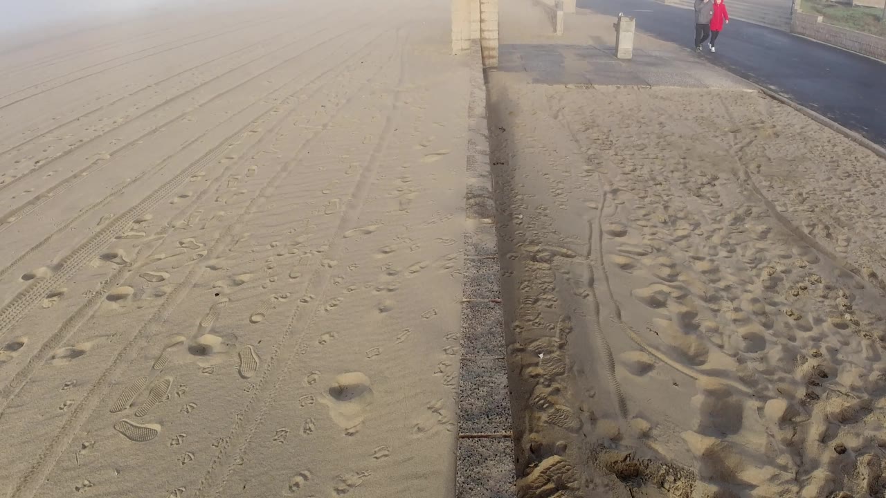 Two people walking near the road beside the beach.