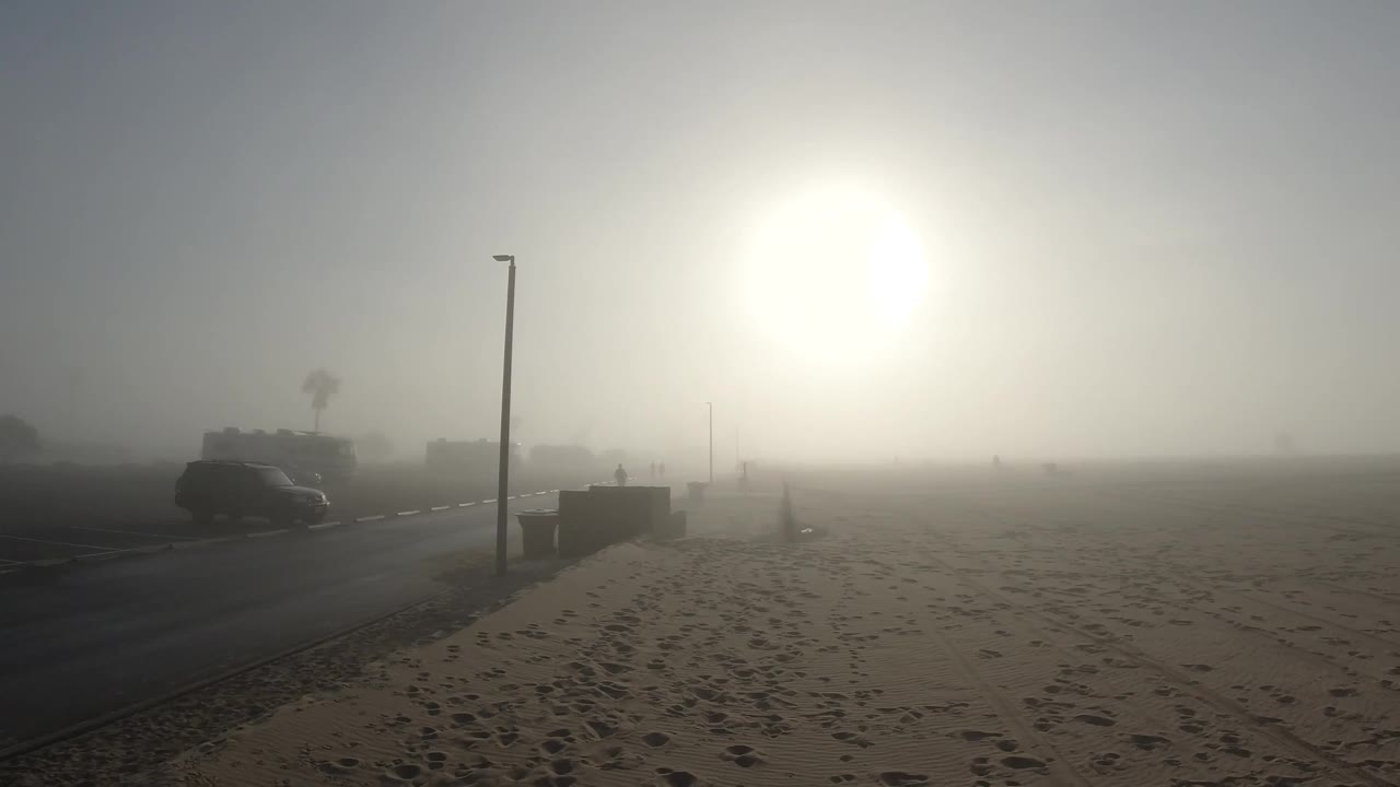 Foggy beach scene with cars on the left and sun overhead.