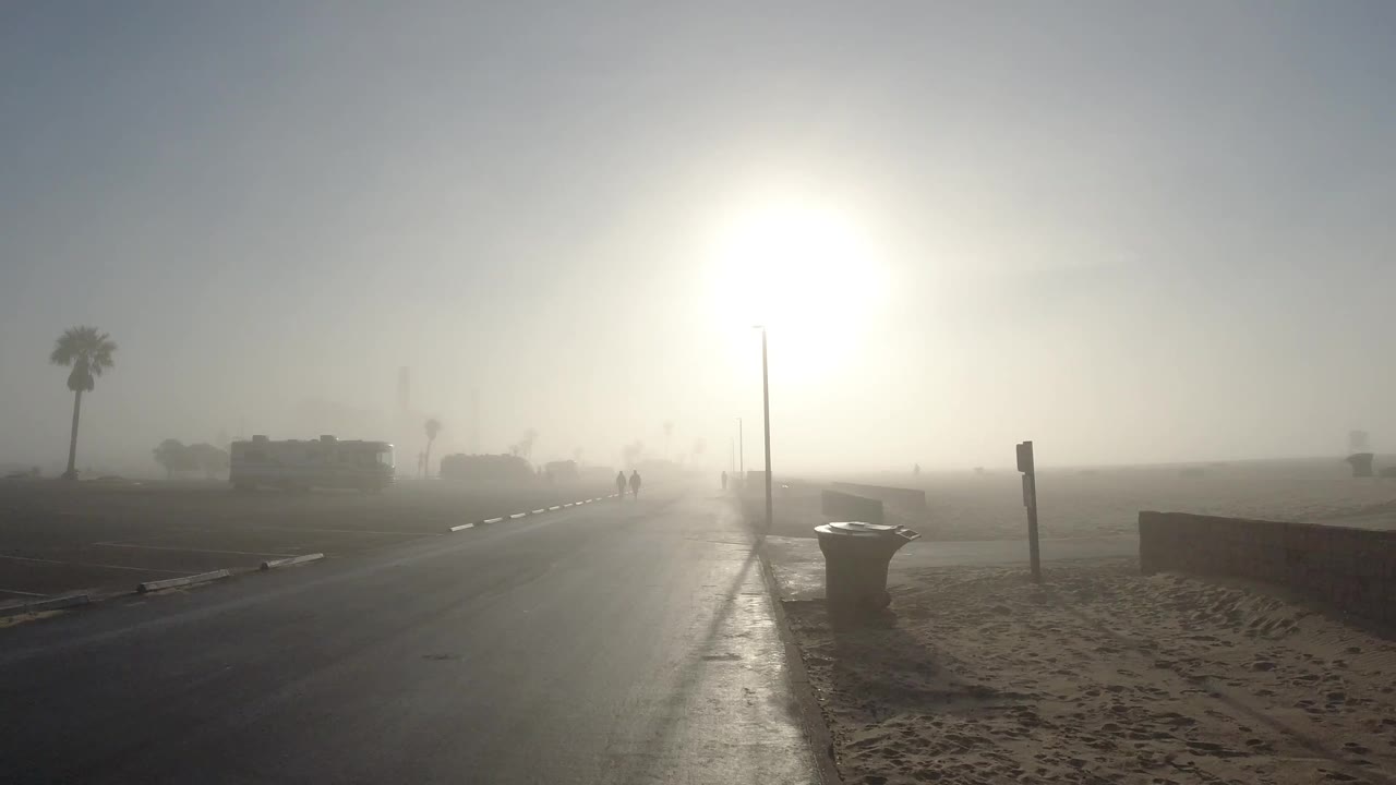 Wet paved coastal path at Huntington Beach recedes toward a diffused sun burning through morning marine haze; a large concrete bollard anchors the right foreground and a palm tree rises left of center; tiny indistinct figures appear in the far background near the horizon.