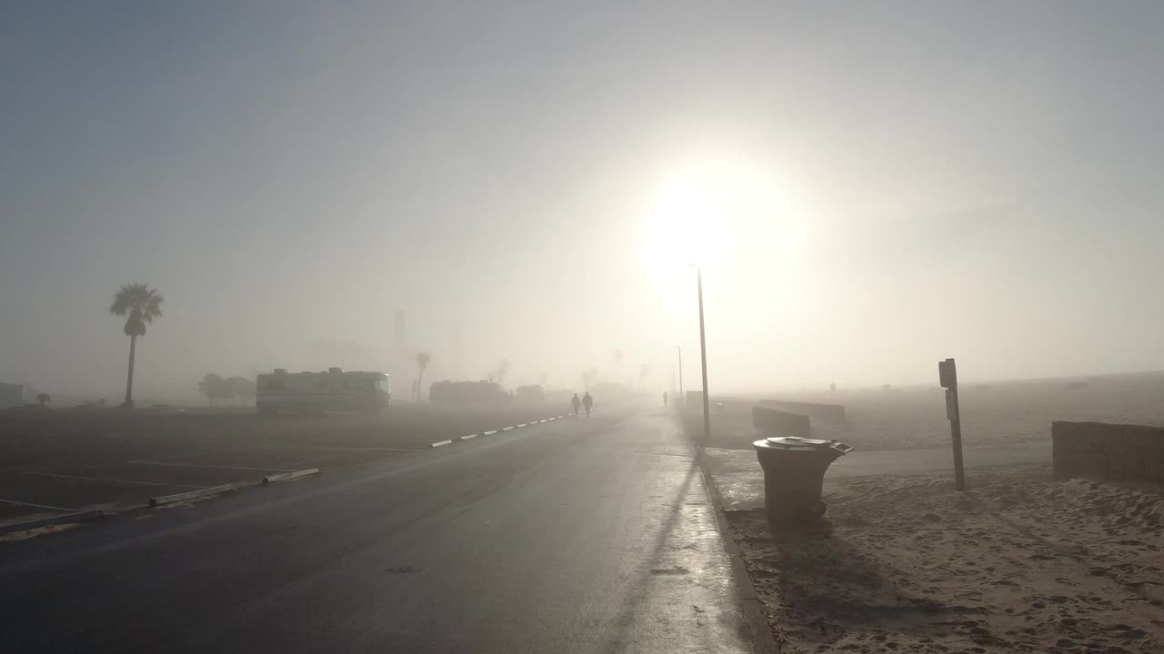 At the two-second mark on the Huntington Beach coastal path, the haze around the sun appears marginally lighter than in frame 1; the bollard and palm tree hold their foreground positions and the wet asphalt continues to reflect the ambient grey-white light diffused through the marine fog.