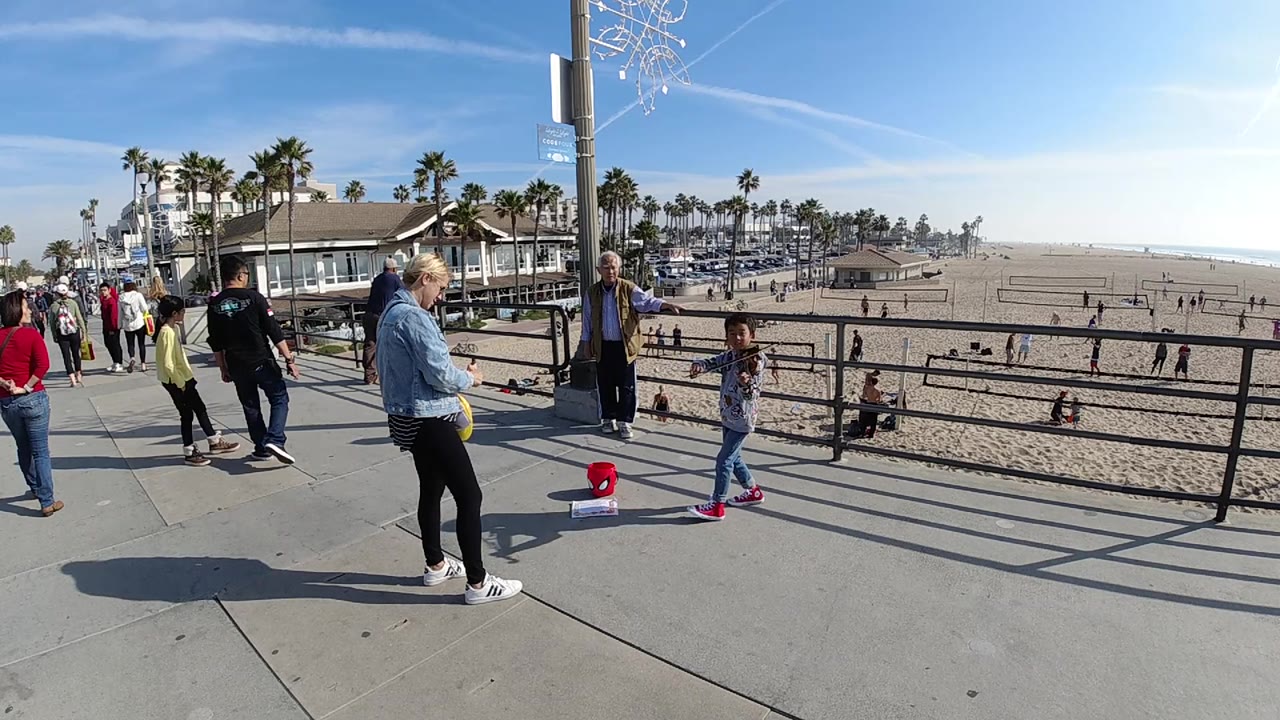 Girl violinist performing with beach and palm trees behind.