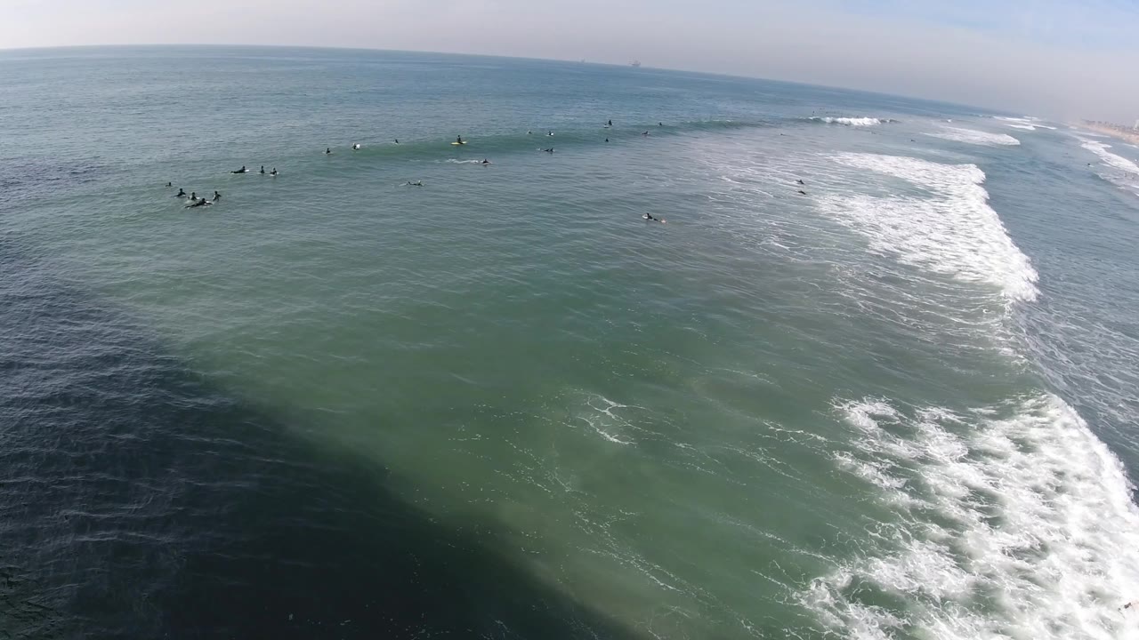 Surfers sit beyond a peeling wave in green-blue water.