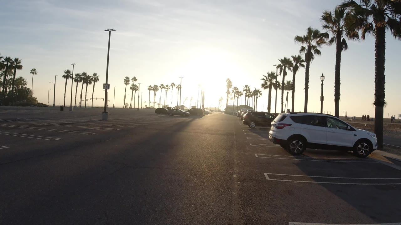 Wide view of a Huntington Beach parking lot with tall palms, bright low sun near the horizon, parked cars along the right side, and no visible people.