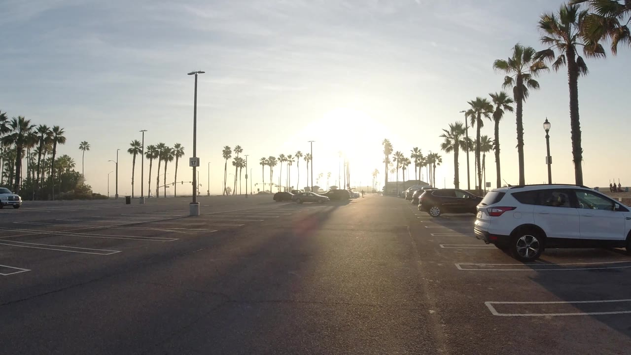 Wide Huntington Beach frame with the parking aisle leading into low sun, rows of palms on both sides, several parked cars, and no visible people.