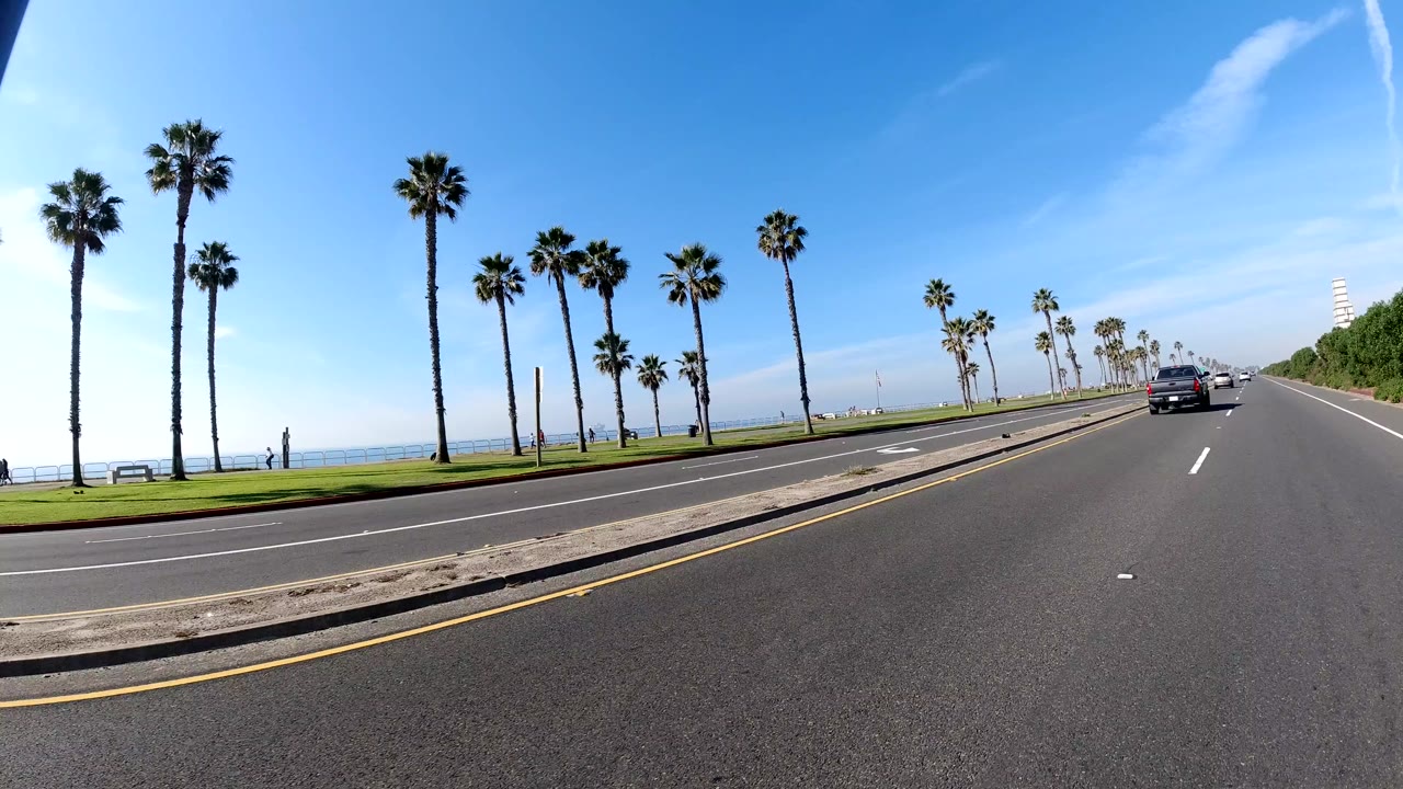 Wide road scene in Huntington Beach, California, with palm trees along the left side, moving cars ahead, blue sky, and no visible people.