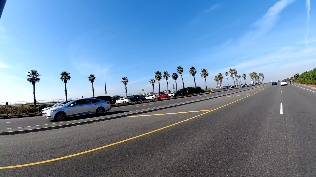 Huntington Beach roadway with parked cars to the left, rows of palm trees, open traffic lanes, blue sky, and no visible people.