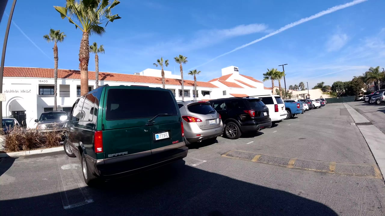 Wide parking lot view with a green van, cars, palms, and bright sky.