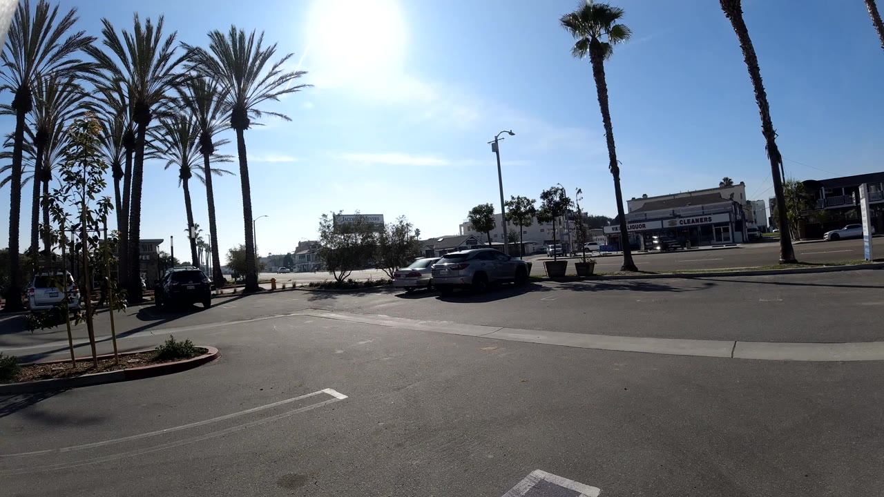 Huntington Beach roadway frame with a dark car near the curb, tall palms at left and right, storefront buildings in the background, and no visible people.