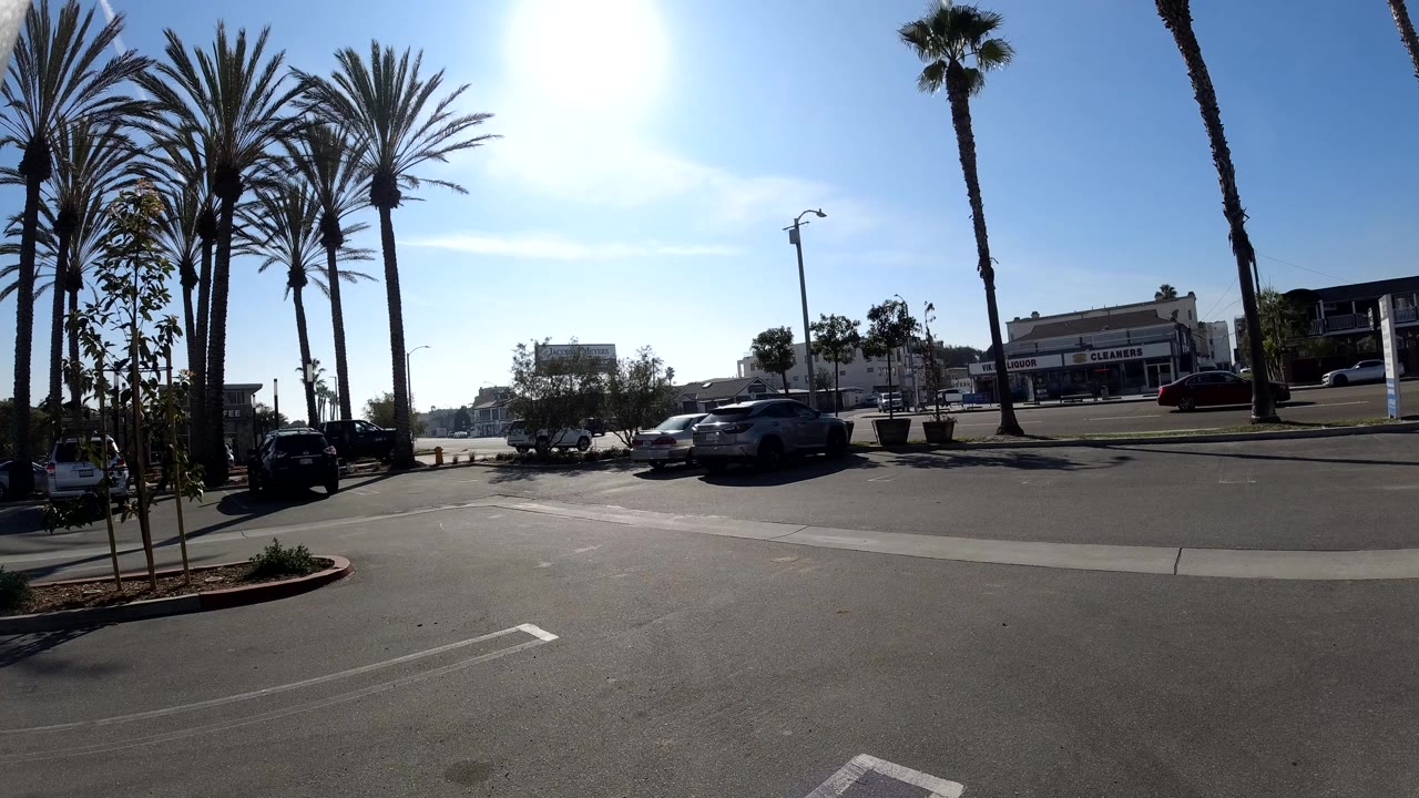 Huntington Beach street view with tall palms framing the road, parked cars in the foreground area, low buildings across the street, bright sun overhead, and no visible people.