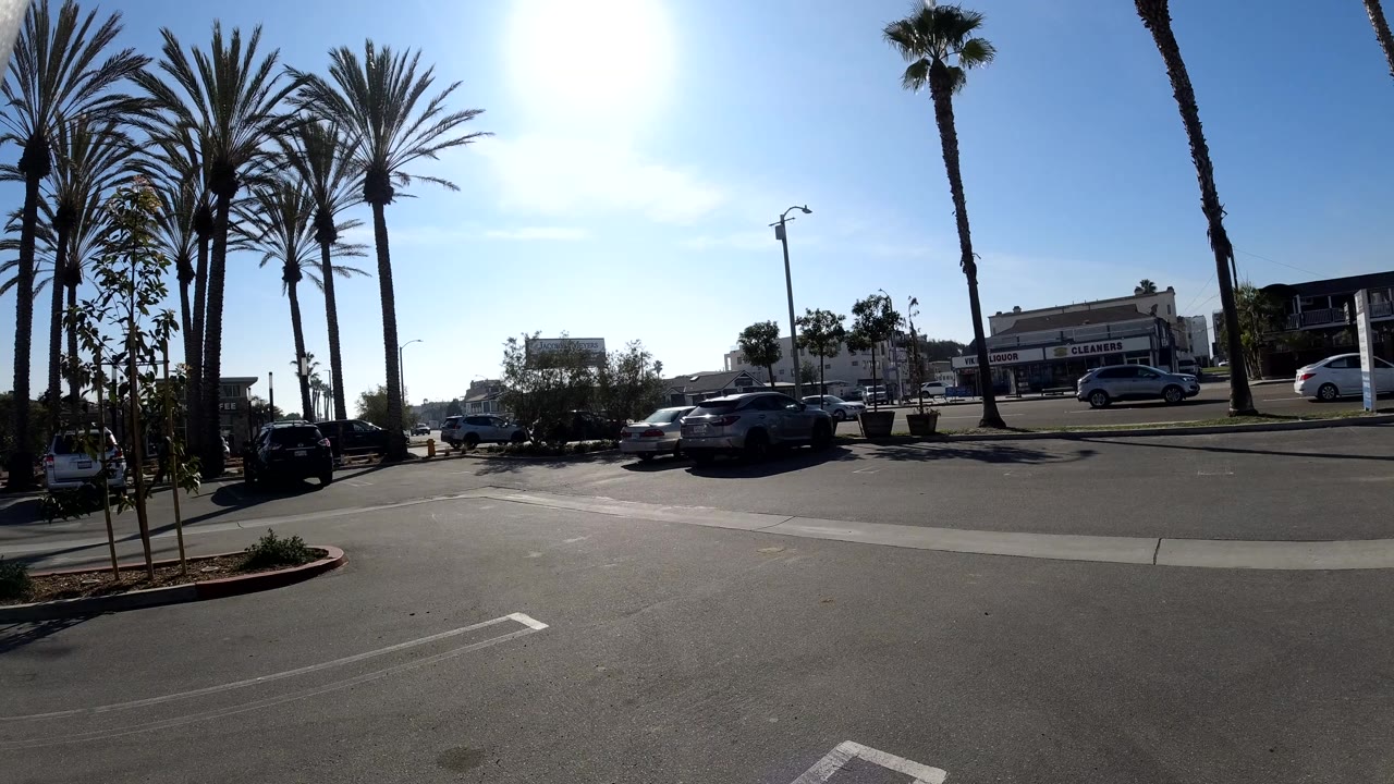 Opening frame of a Huntington Beach roadside with tall palms, parked cars, storefronts across the street, strong sun glare, and no visible people.
