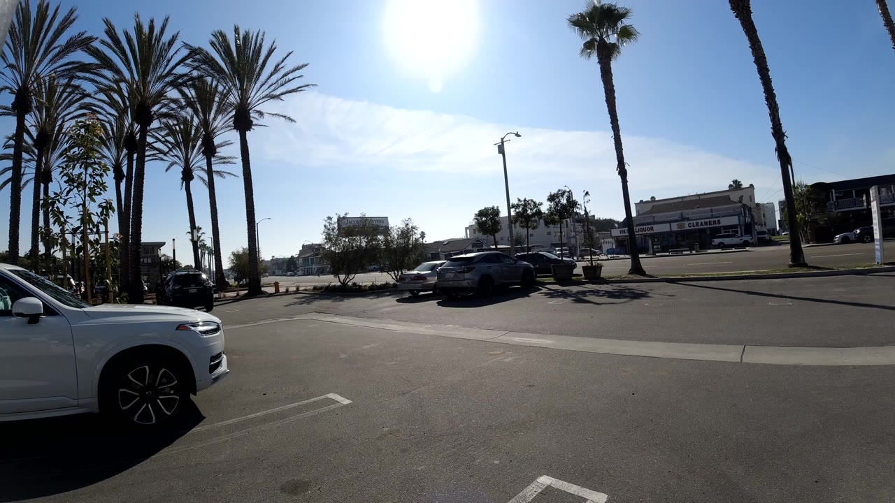 Palm-lined street in Huntington Beach, California with a cropped white car in the foreground, traffic across the road, storefronts in the background, and no clearly visible people.
