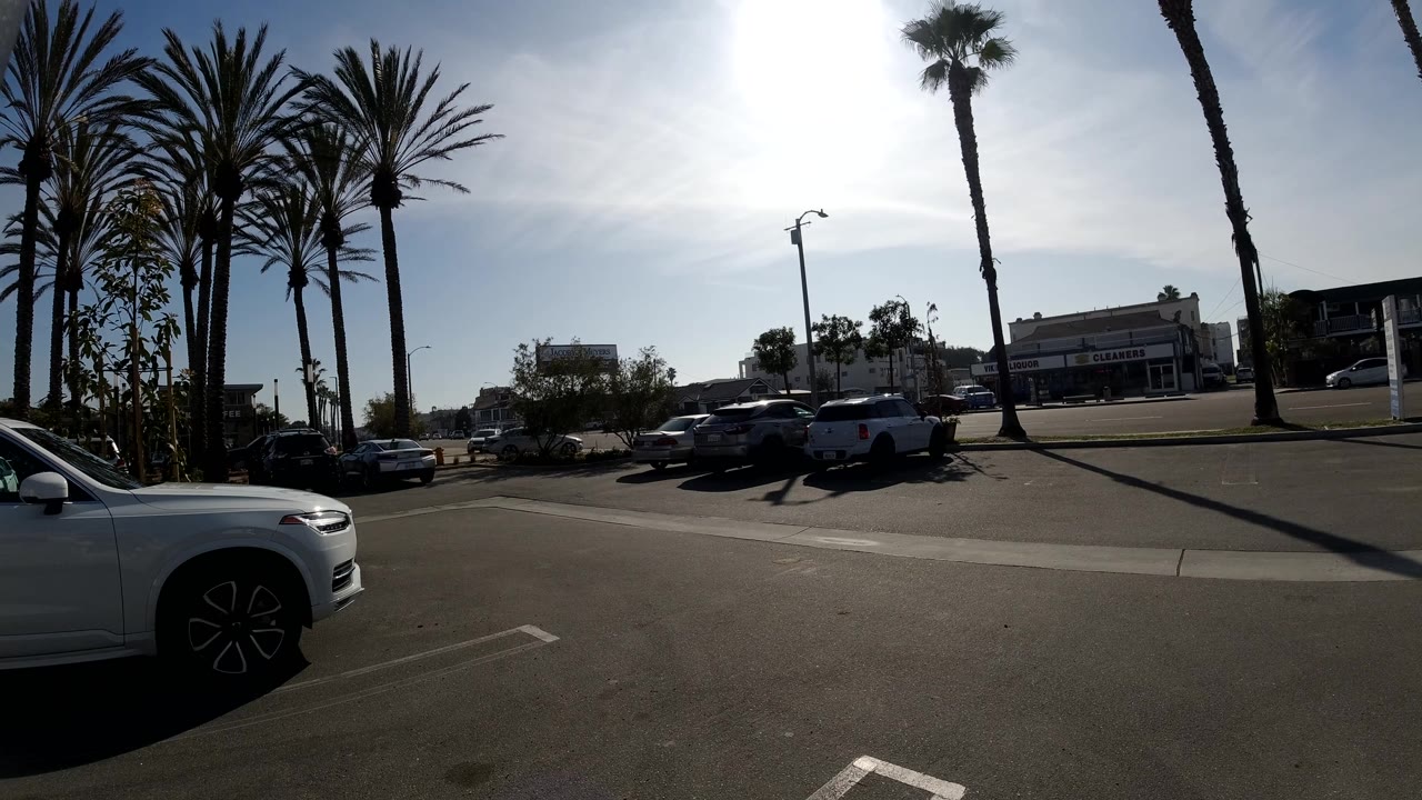 Mid-run frame in Huntington Beach showing a wide paved lot, palm trunks on both sides, cars parked near the road, low buildings beyond, and no visible people.