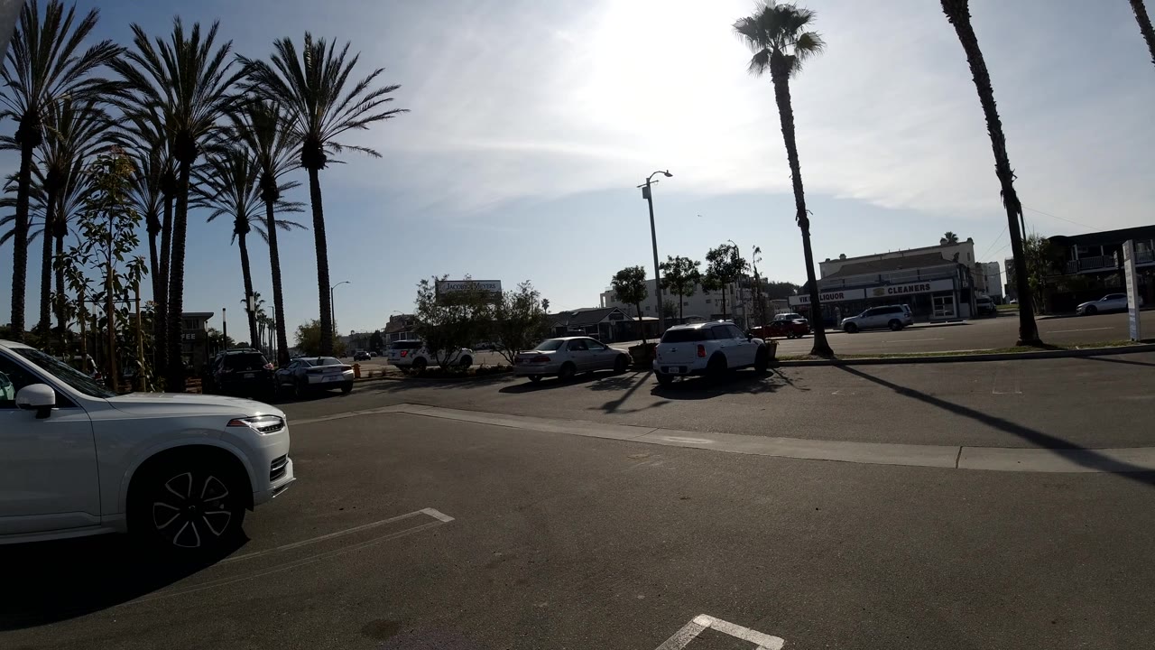 Wide parking lot view with white SUV, palms, and traffic.