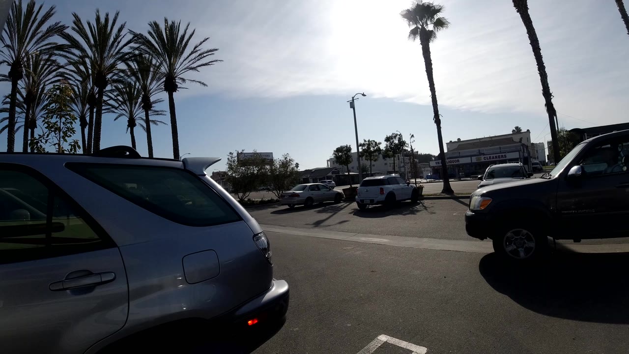 A Huntington Beach street scene shows a silver SUV cropped in the foreground, palm trees overhead, parked and moving cars in the midground, and strong sun glare behind the trees.