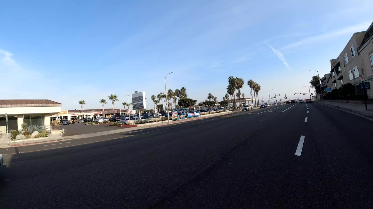 Road-level view in Bolsa Chica, California showing open lanes, a parking area, low commercial structures, palm trees, and no visible people.