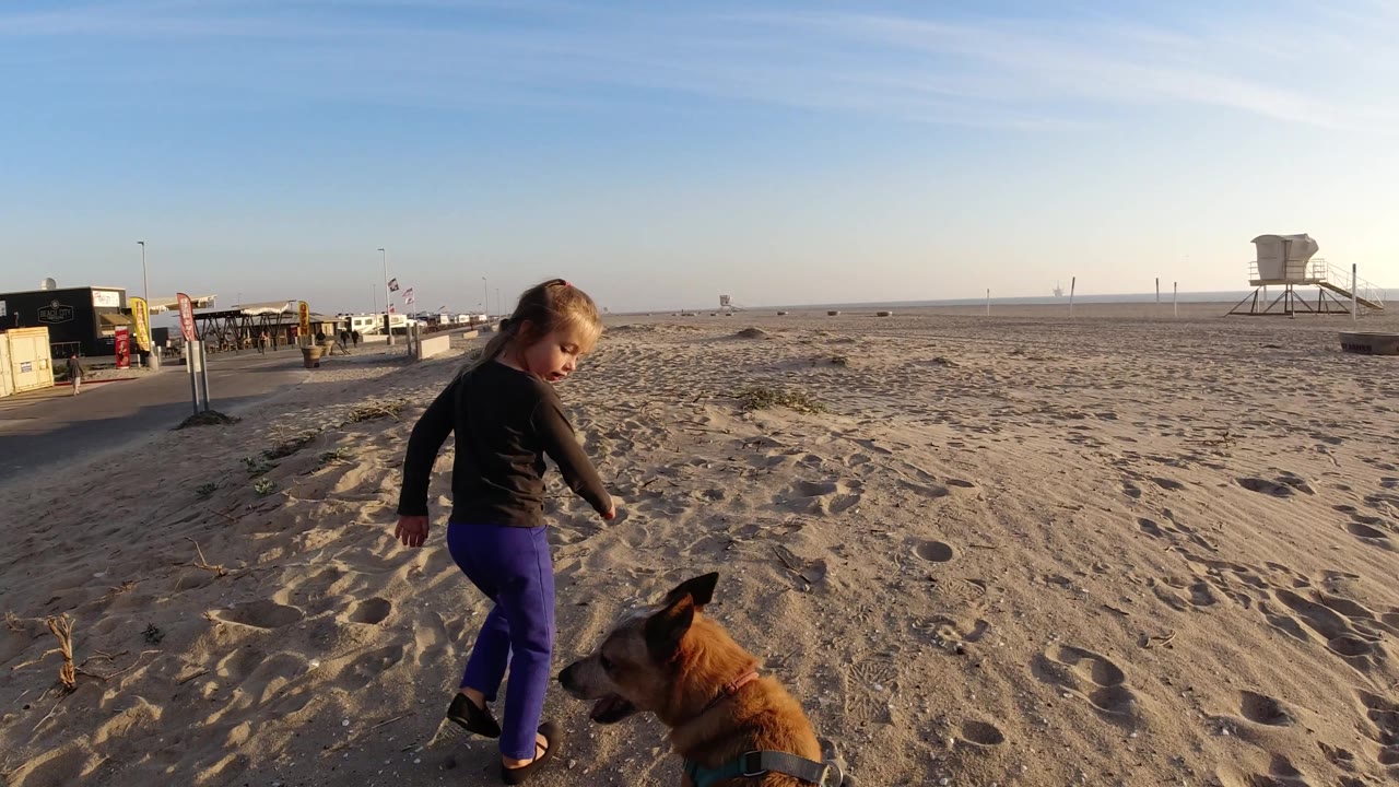 At Bolsa Chica, the girl turns slightly toward the camera side as the brown dog passes near her, with empty sand and a raised lifeguard tower across the background.