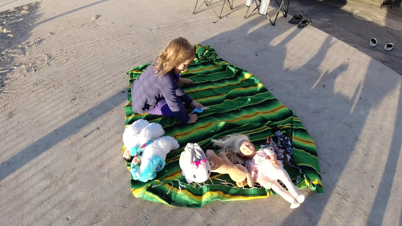 At 0:02 in Bolsa Chica, California, the girl remains seated on the green blanket, with the plush toys grouped across the lower portion and open sand filling most of the background.