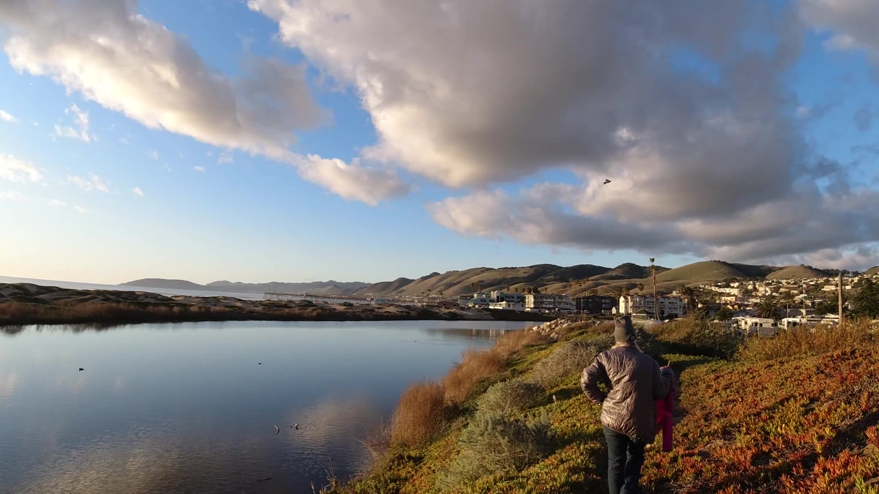 A person continues away along the Pismo Beach water's edge, framed by dense orange and green groundcover, a calm inlet or river surface, town buildings, rolling hills, and a partly cloudy sky.