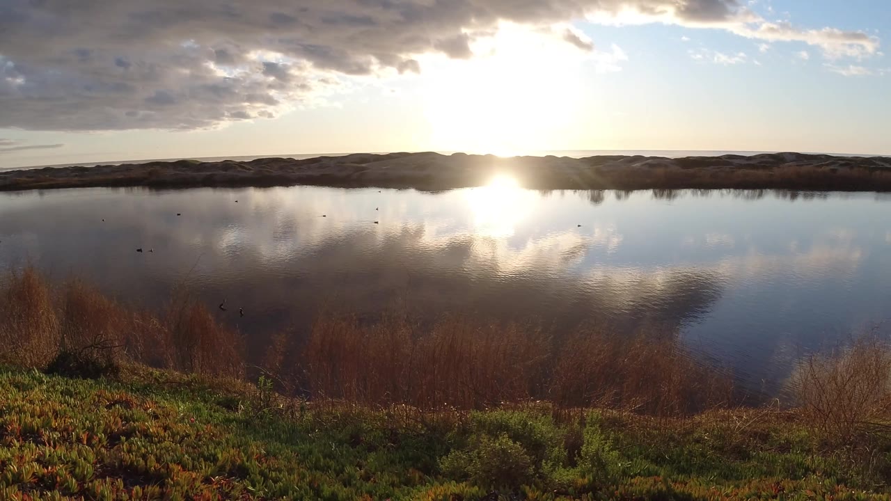 At Pismo Beach, California, the sun hangs just above a dark ridge while calm water reflects the sky, with tan reeds along the lower edge and no visible people.