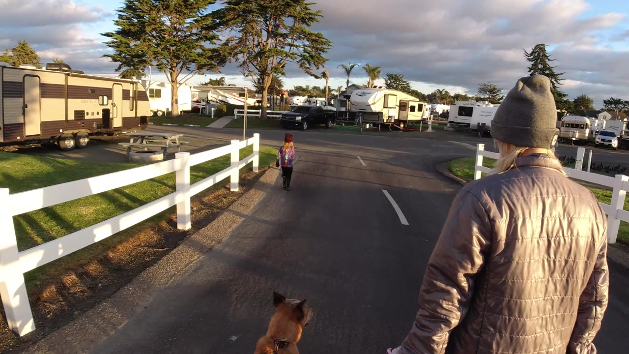 Adult in a beanie walking behind a child near a white fence.