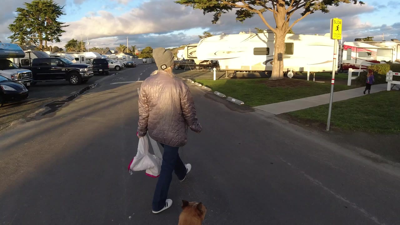 At 0:00 in Pismo Beach, a man seen from behind walks along a paved trailer park road carrying white bags, with RVs, parked vehicles, a tree, grass, and a yellow slow sign ahead.