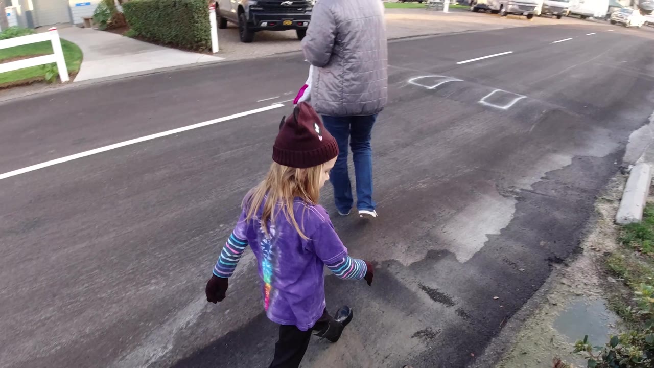Adult and child walking along a road