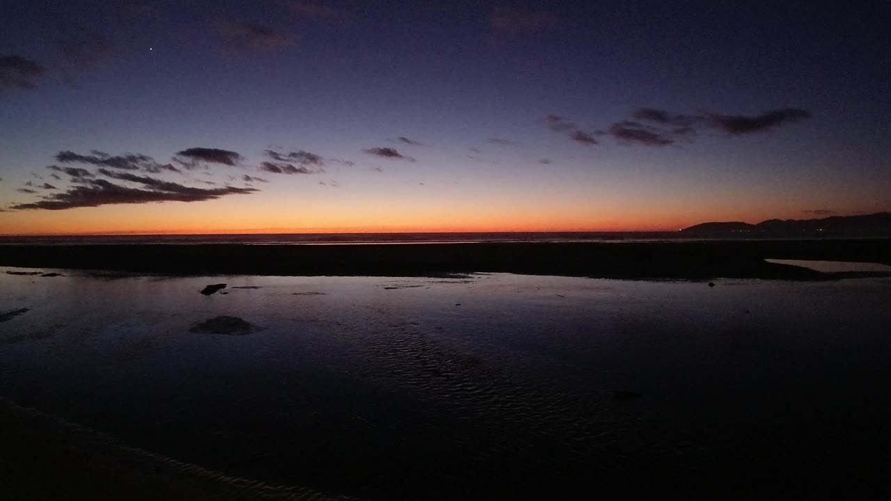 Pismo Beach sunset view with distant hill silhouettes at right, orange light along the horizon, dark tidal foreground, and no visible people.