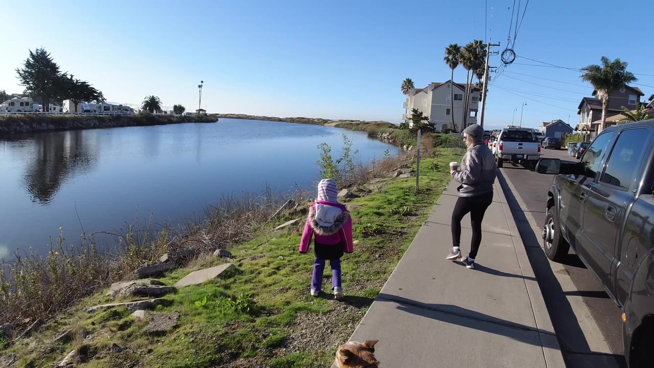 In Pismo Beach, the adult turns slightly on the sidewalk while the child faces the water, with a parked truck, utility wires, homes, grass, and blue sky visible.
