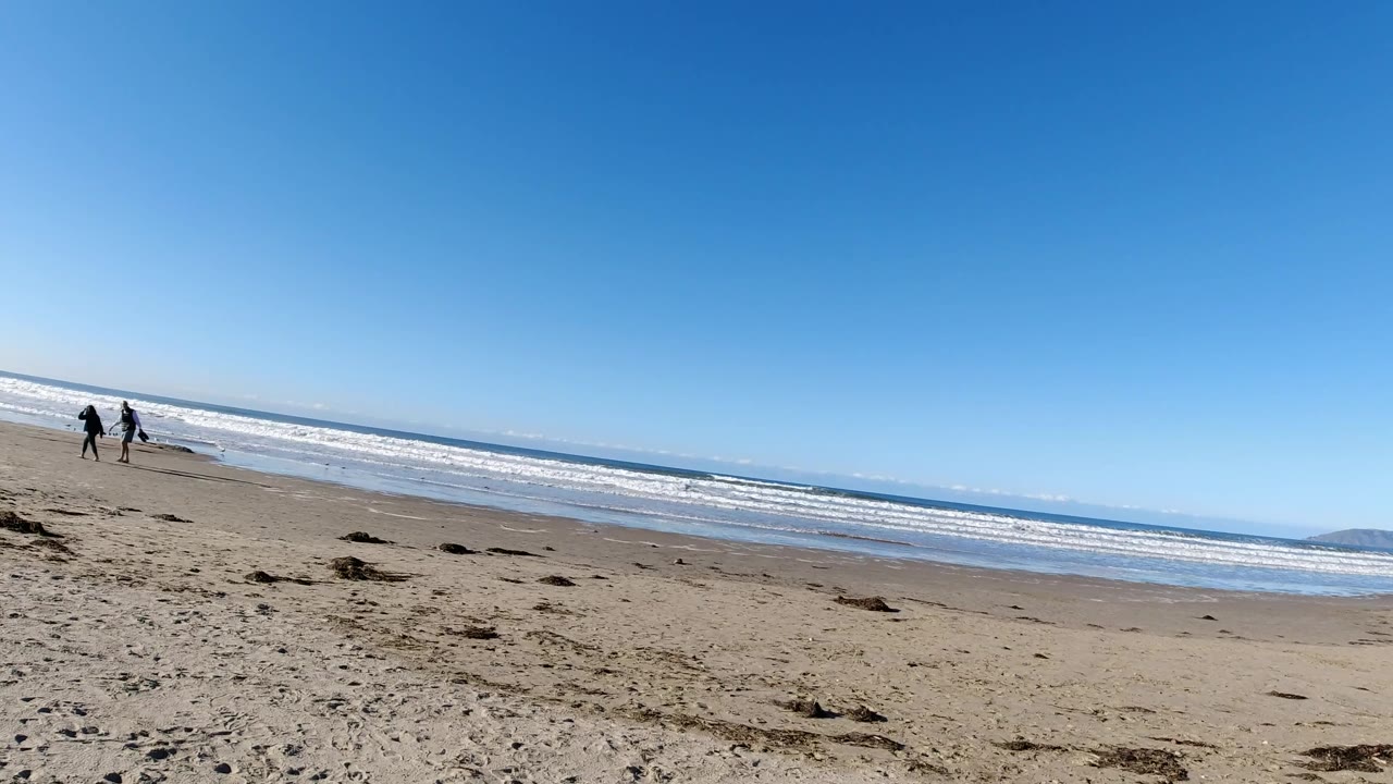 Pismo Beach, California wide beach frame with two distant people walking near the waterline, scattered seaweed on the sand, low surf, and no dog clearly visible yet.