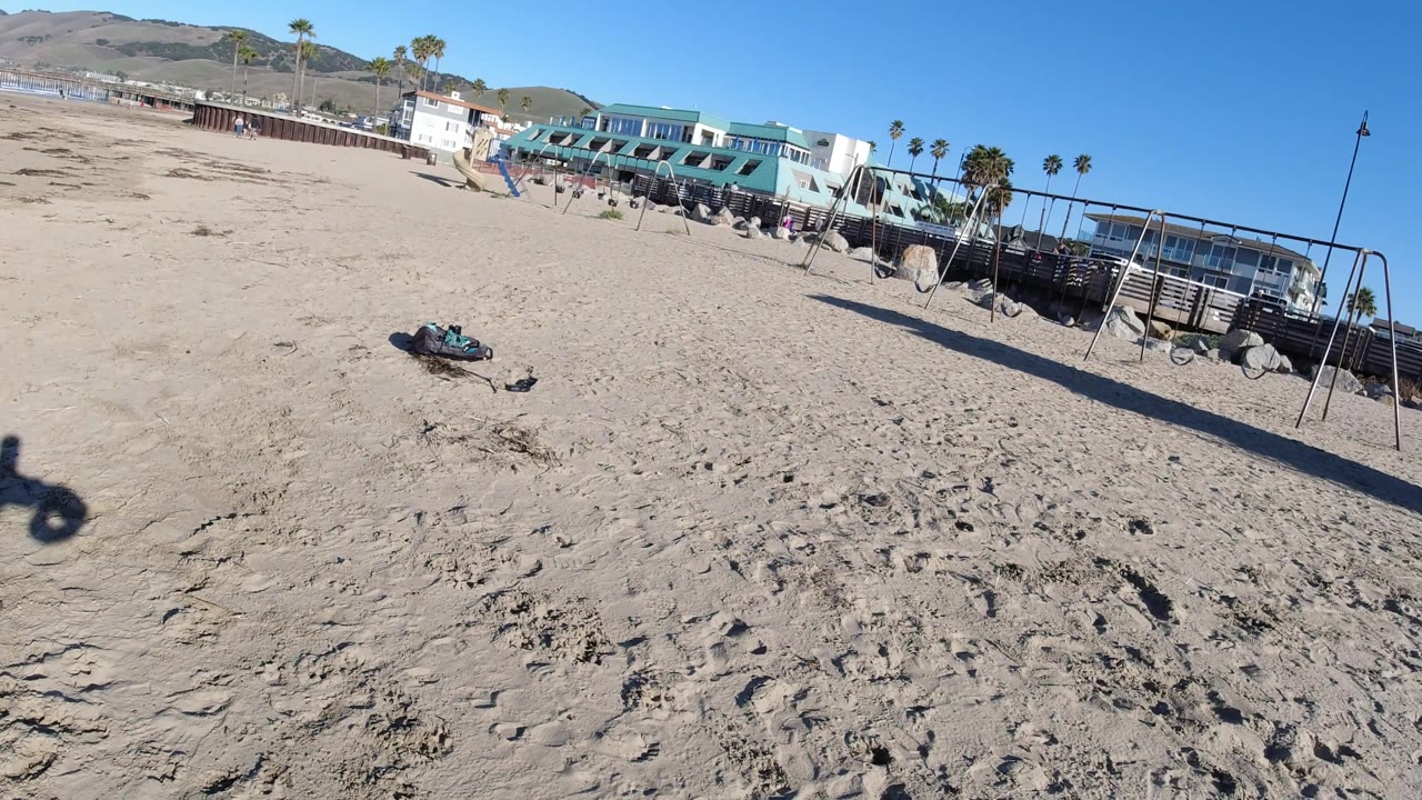 A long human-shaped shadow falls across the sandy Pismo Beach foreground, with a smaller dog shadow, shoreline structures, palms, hills, surf, and no visible people.