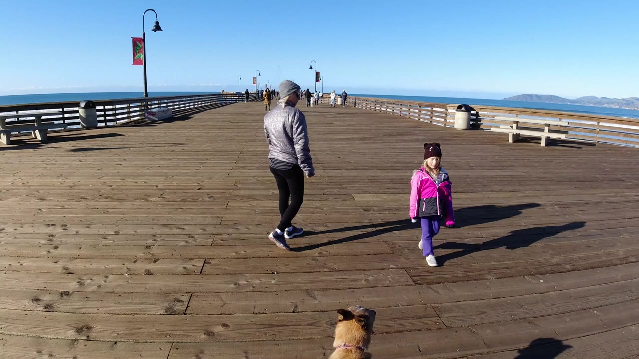 At Pismo Beach, California, a woman in a gray hooded jacket and a child in a pink jacket stand on the wooden pier with ocean, railings, benches, lamp posts, distant pedestrians, and a dog partly visible at the bottom edge.