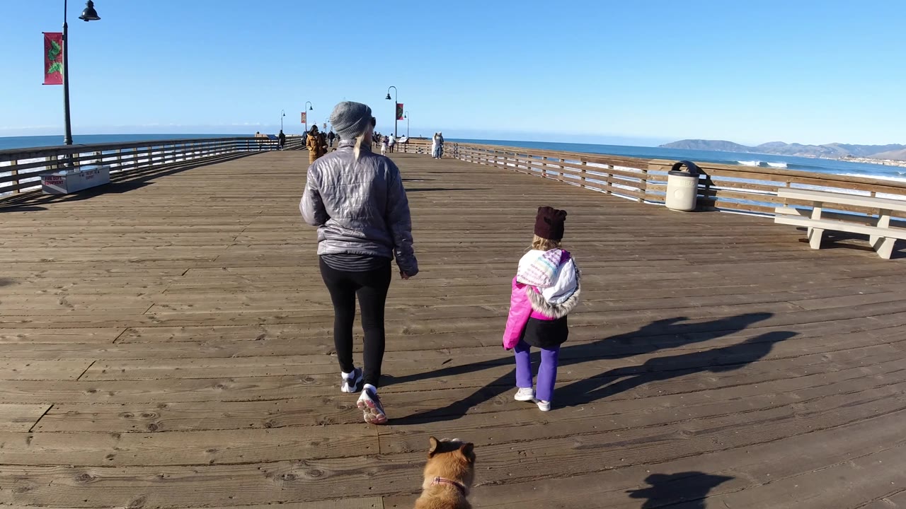 At 0:02, the woman and child remain centered-right on the Pismo Beach pier, with the dog at the bottom edge, a broad blue ocean view to the right, and a trash can and bench along the railing.