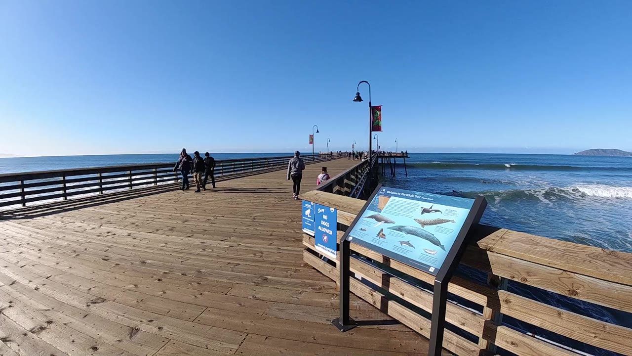 Pismo Beach pier view with people walking away on the wooden deck, blue ocean to the right, an informational sign in the foreground, and a clear sky above.