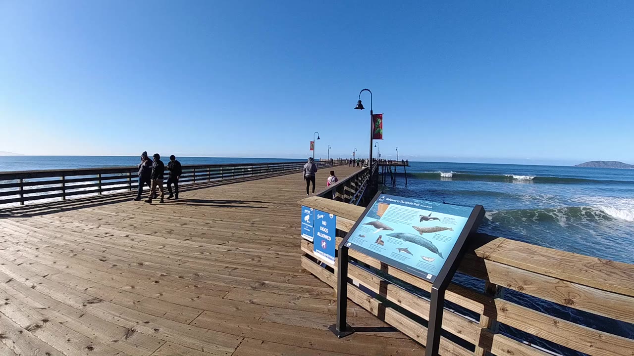 Opening view of people walking away on a wooden pier in Pismo Beach, California, with a blue interpretive sign in the foreground and surf breaking to the right.