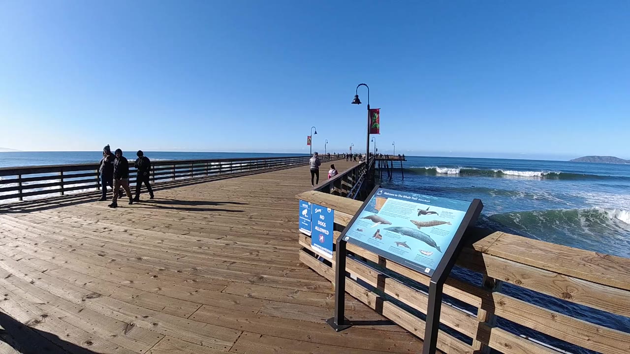 Pismo Beach pier scene with two dark-clothed pedestrians farther along the left walkway, a blue information sign near the rail, and sunlight on the wood deck and surf.