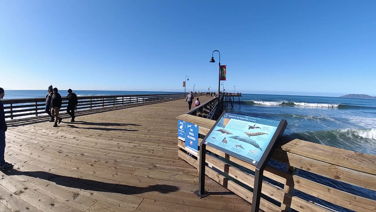 A person enters near the left side of the Pismo Beach pier view while other pedestrians stand farther ahead and a wave line breaks beside the railing.
