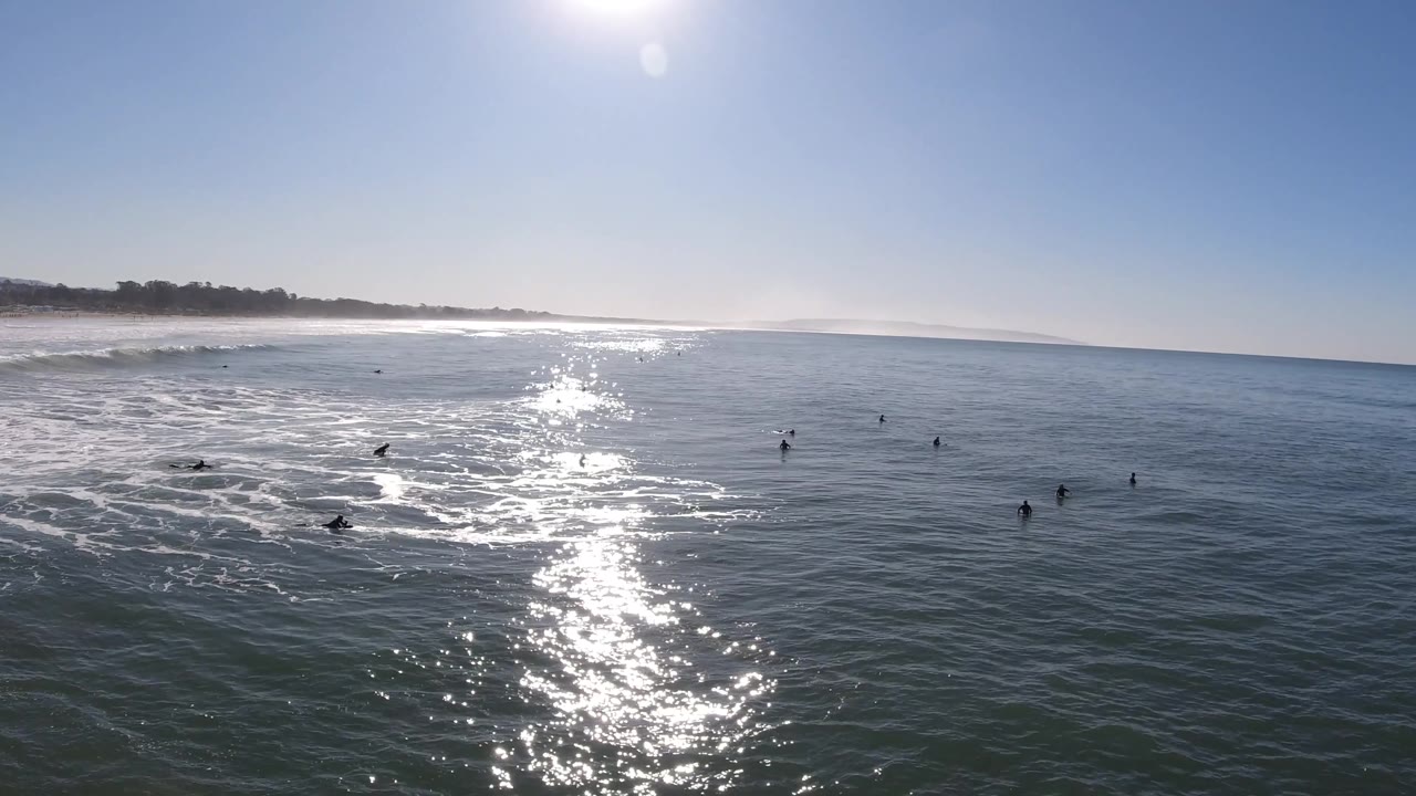 Ocean surface with sun reflection, distant shore, and birds.