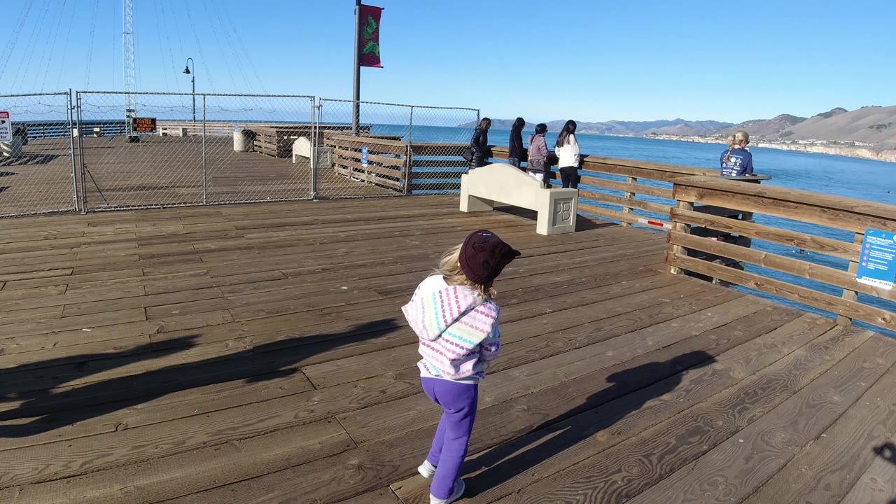Child on boardwalk with pedestrians near the ocean railing.