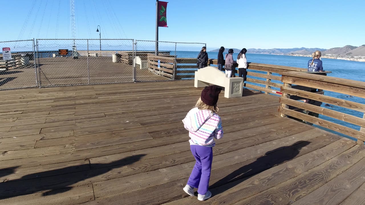 At Pismo Beach, the child is farther right on the boardwalk as a bench-like rail, chain-link fence, pedestrians, ocean, and clear sky fill the scene.