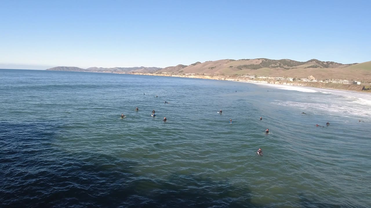 Aerial frame from Pismo Beach, California showing the floating animals slightly farther across the midground water, a long white wave band near shore, brown hills beyond the beach, and no visible people.