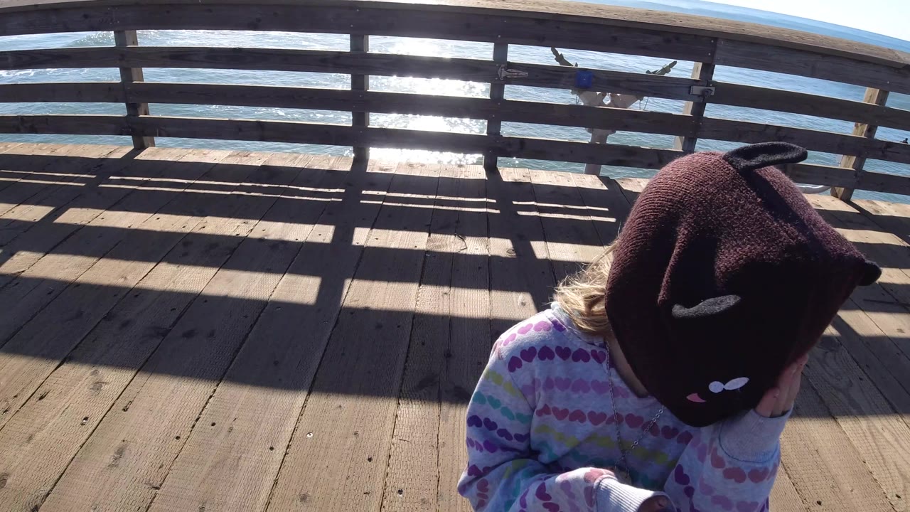 Close overhead view of girl on pier with rail and ocean beyond.