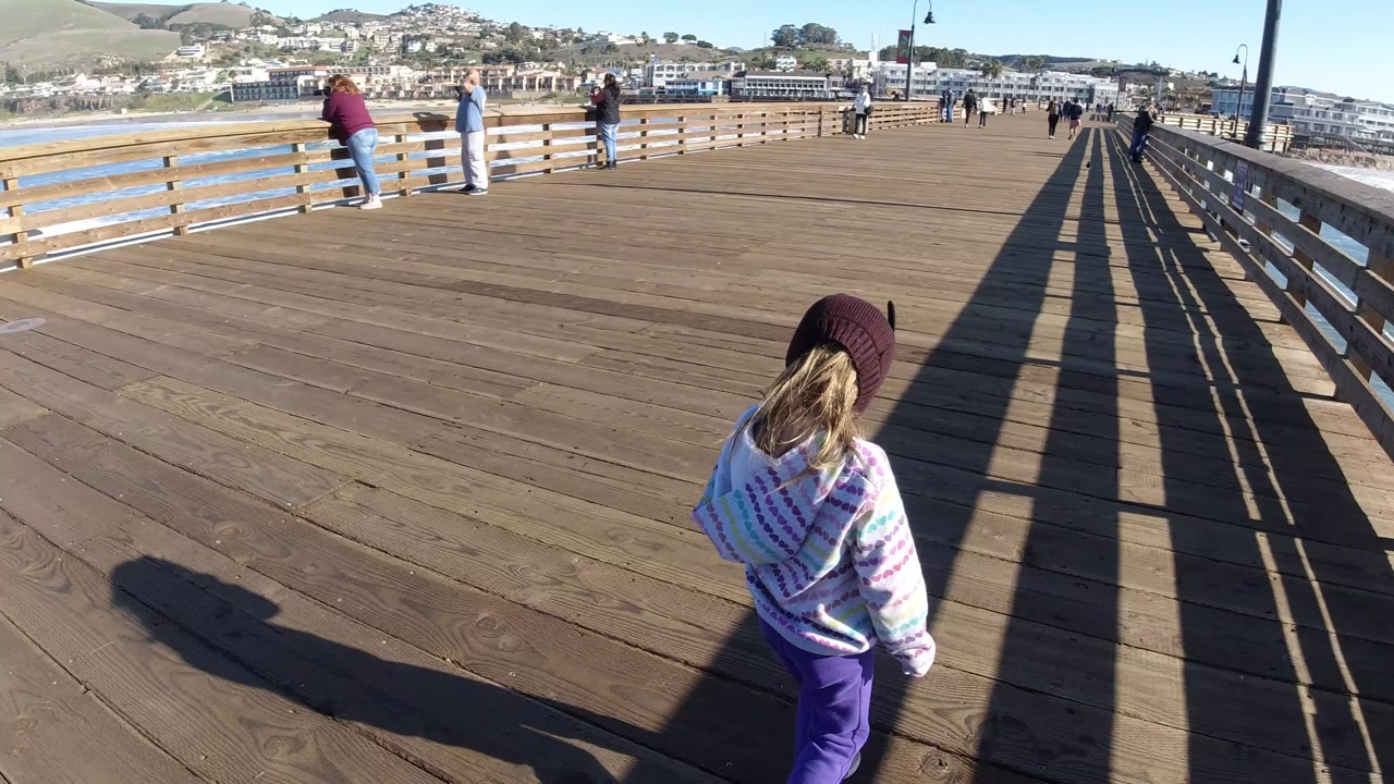 A blond child in a knit hat and purple pants walks away from the camera on a wooden pier in Pismo Beach, California, with ocean railings, distant hillside buildings, and other people ahead.