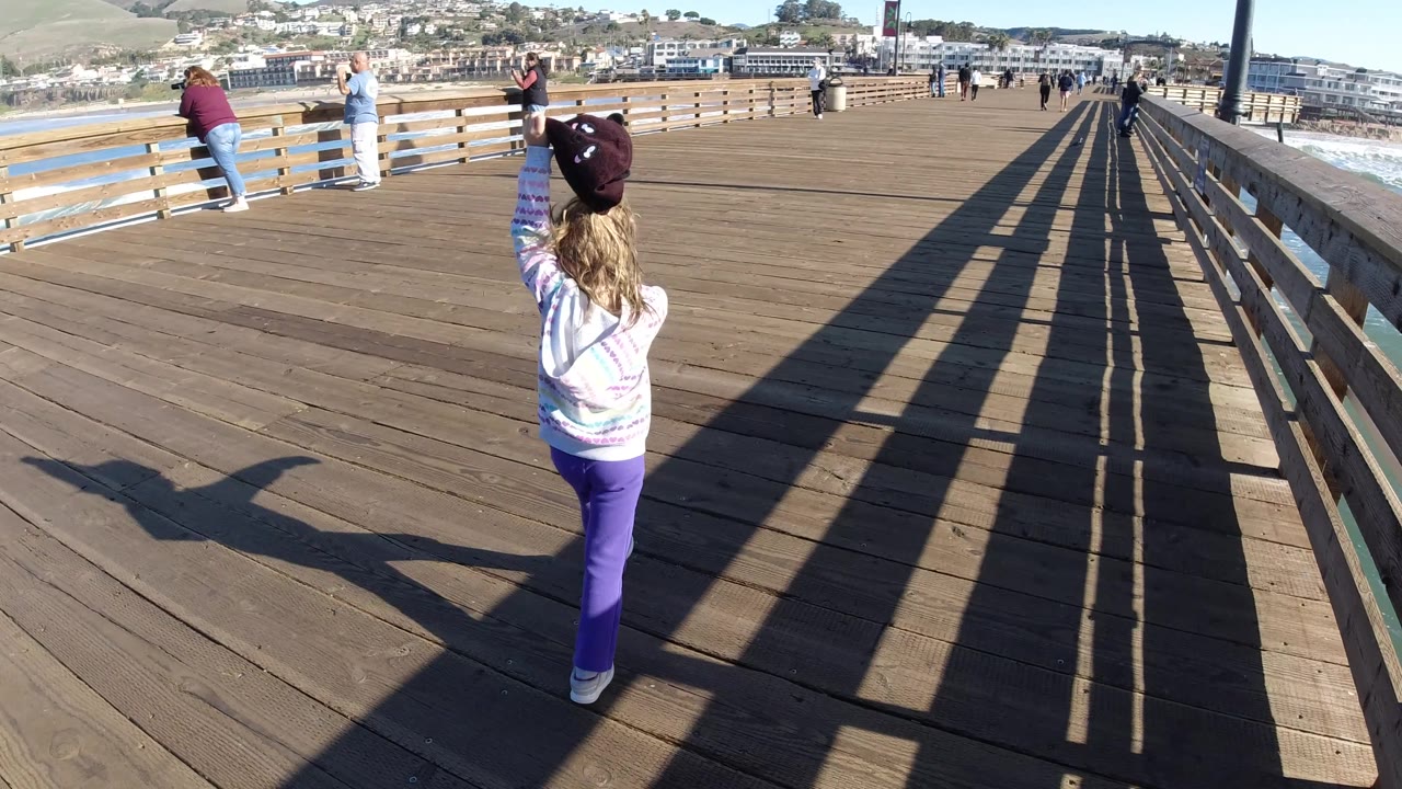 Child raises a knit hat while standing on the wooden pier.