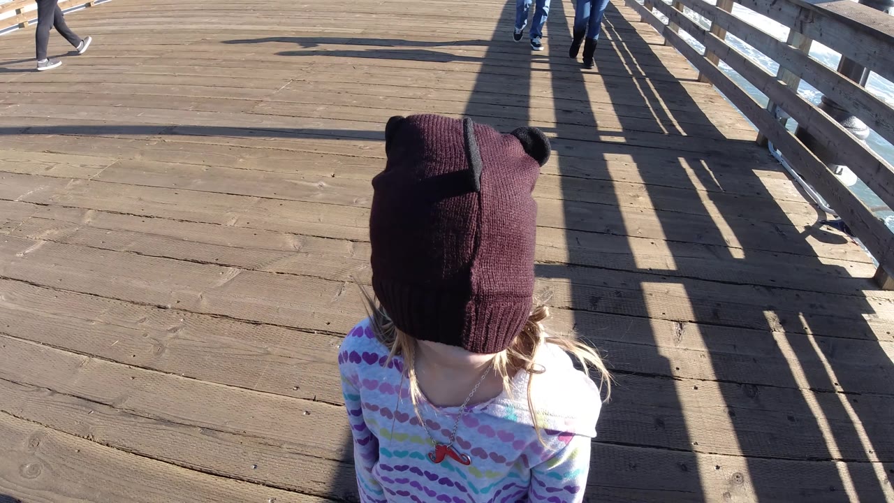 Child facing away on the wooden boardwalk.