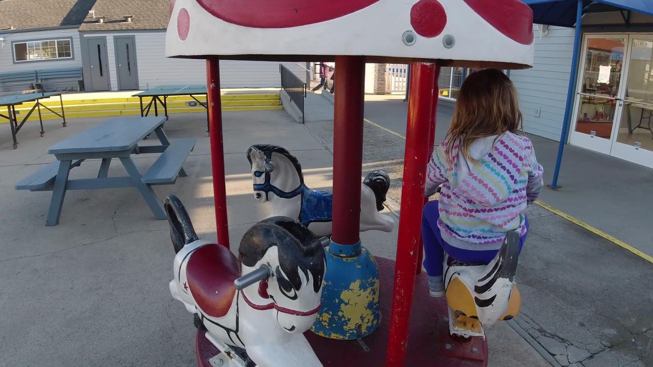 Child seated on a carousel animal seen from behind under a canopy.